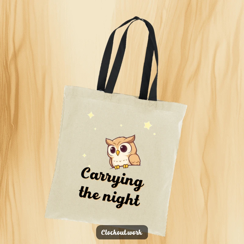 Funny Tote Bag with a curious owl peeking over a vast, starry night sky, perfect for everyday adventures.