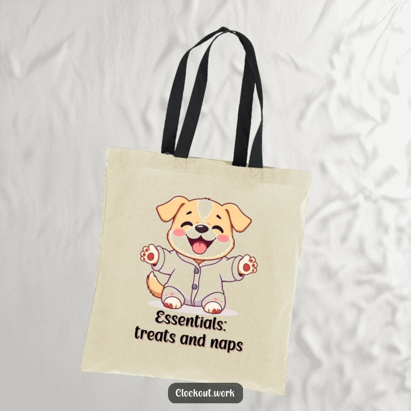 Funny tote bag depicting a content dog in pajamas, happily stretching its paws upwards, practical funny gift.
