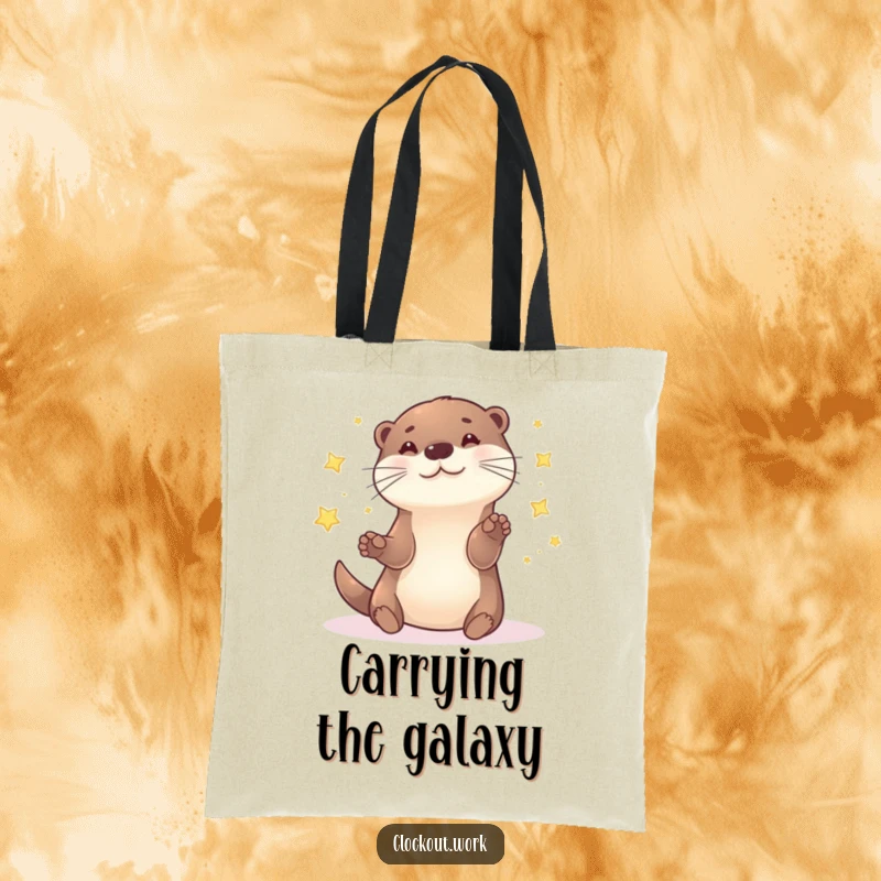 Funny Tote Bag showcasing a playful otter juggling bright, twinkling stars, perfect for everyday adventures.
